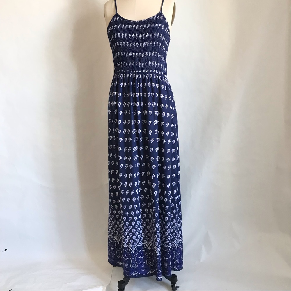 WET SEAL |  Maxi Sundress Smocked Navy Floral Print Indian Rayon Size Large